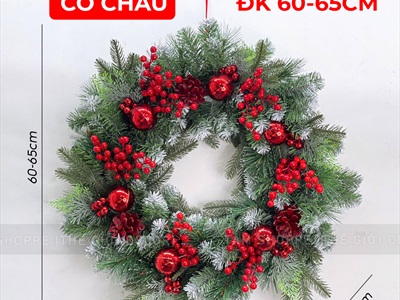 Vòng nguyệt quế có lá PE thông đỏ trái đỏ ĐK 60cm VNGQ-X-40